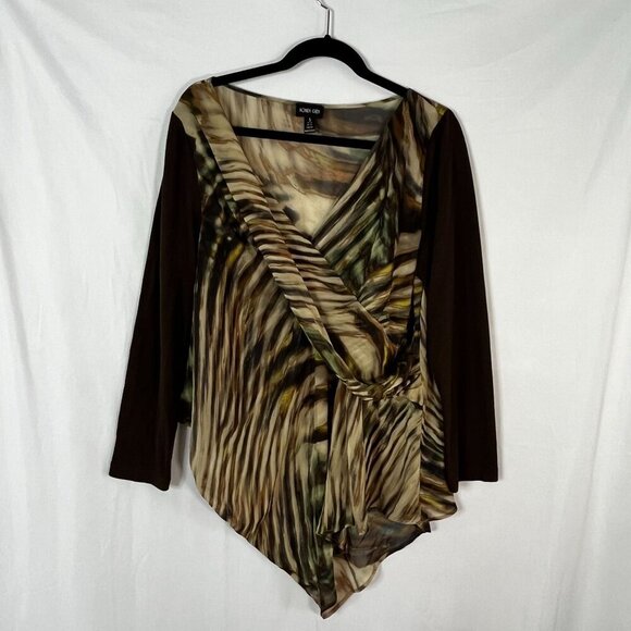 Ronen Chen Animal Print Stripe V-Neck‎ Long Sleeve Tunic Blouse Sheer 5/ US 14 - Picture 2 of 9